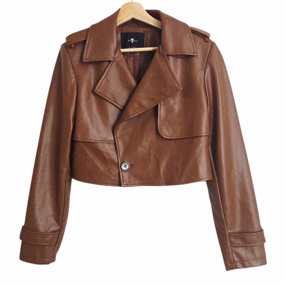 7 For All Mankind Cognac Brown Faux Leather Cropped Moto Jacket S Quiet Luxury - Picture 3 of 15